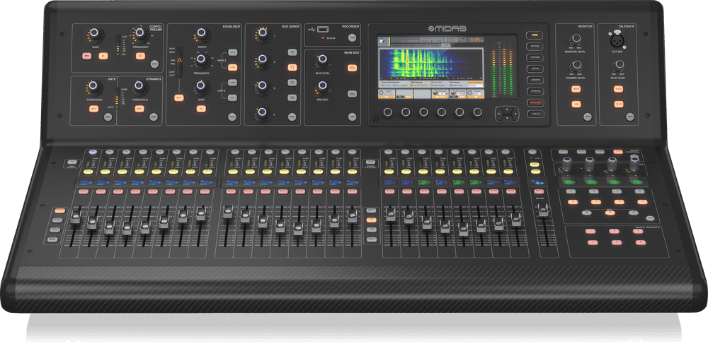 Bàn trộn kỹ thuật số Midas M32 LIVE nhìn chính diện, 25 fader cơ giới và màn hình màu