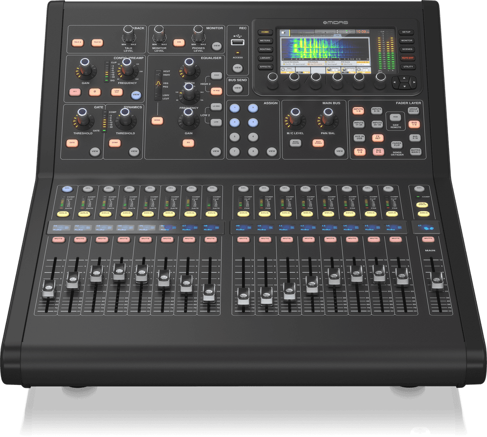 Bàn trộn kỹ thuật số Midas M32R LIVE nhìn chính diện, mặt điều khiển với các fader và màn hình màu
