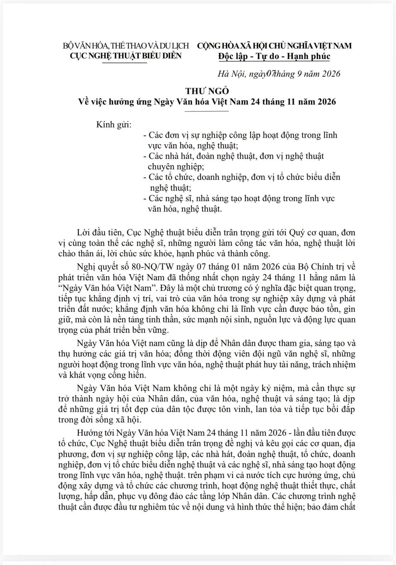 Trang 1 Thư ngỏ ngày 7/9/2026 của Cục Nghệ thuật biểu diễn, Bộ Văn hóa, Thể thao và Du lịch, về việc hưởng ứng Ngày Văn hóa Việt Nam 24 tháng 11 năm 2026