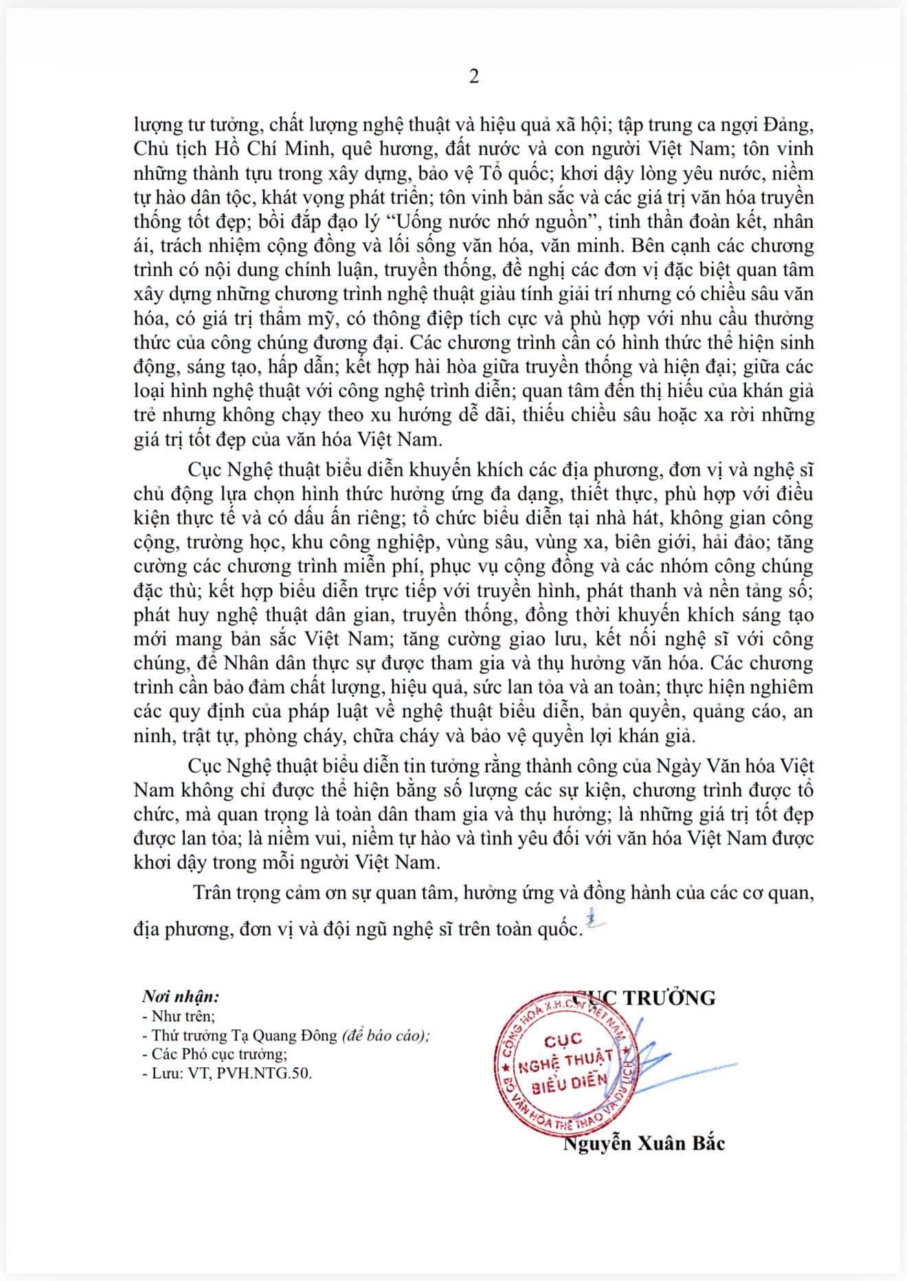 Trang 2 Thư ngỏ về việc hưởng ứng Ngày Văn hóa Việt Nam 2026, có chữ ký của Cục trưởng Cục Nghệ thuật biểu diễn Nguyễn Xuân Bắc và con dấu của Cục